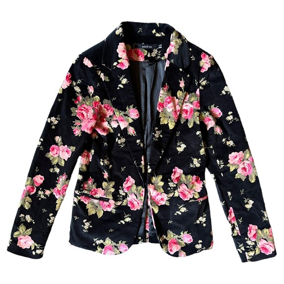 Lulu's Ark & Co Rhapsody in Bloom Floral Black Velvet Blazer Fitted Jacket Small - Picture 5 of 17